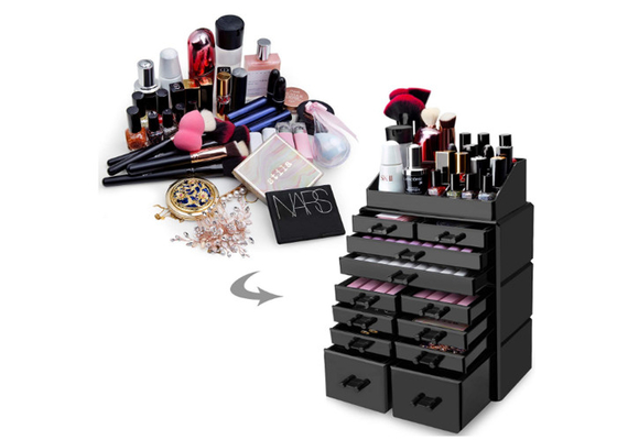 Organizador claro cosmético acrílico preto do armazenamento da composição do suporte de exposição com 12 gavetas