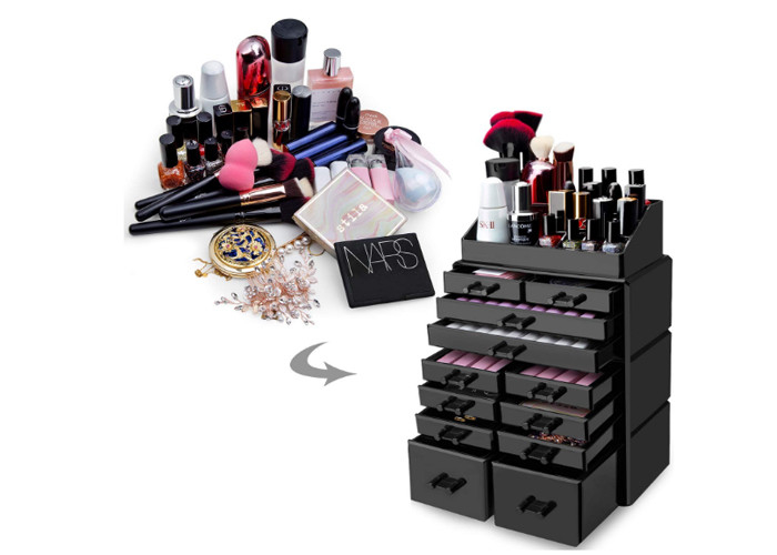 Organizador claro cosmético acrílico preto do armazenamento da composição do suporte de exposição com 12 gavetas